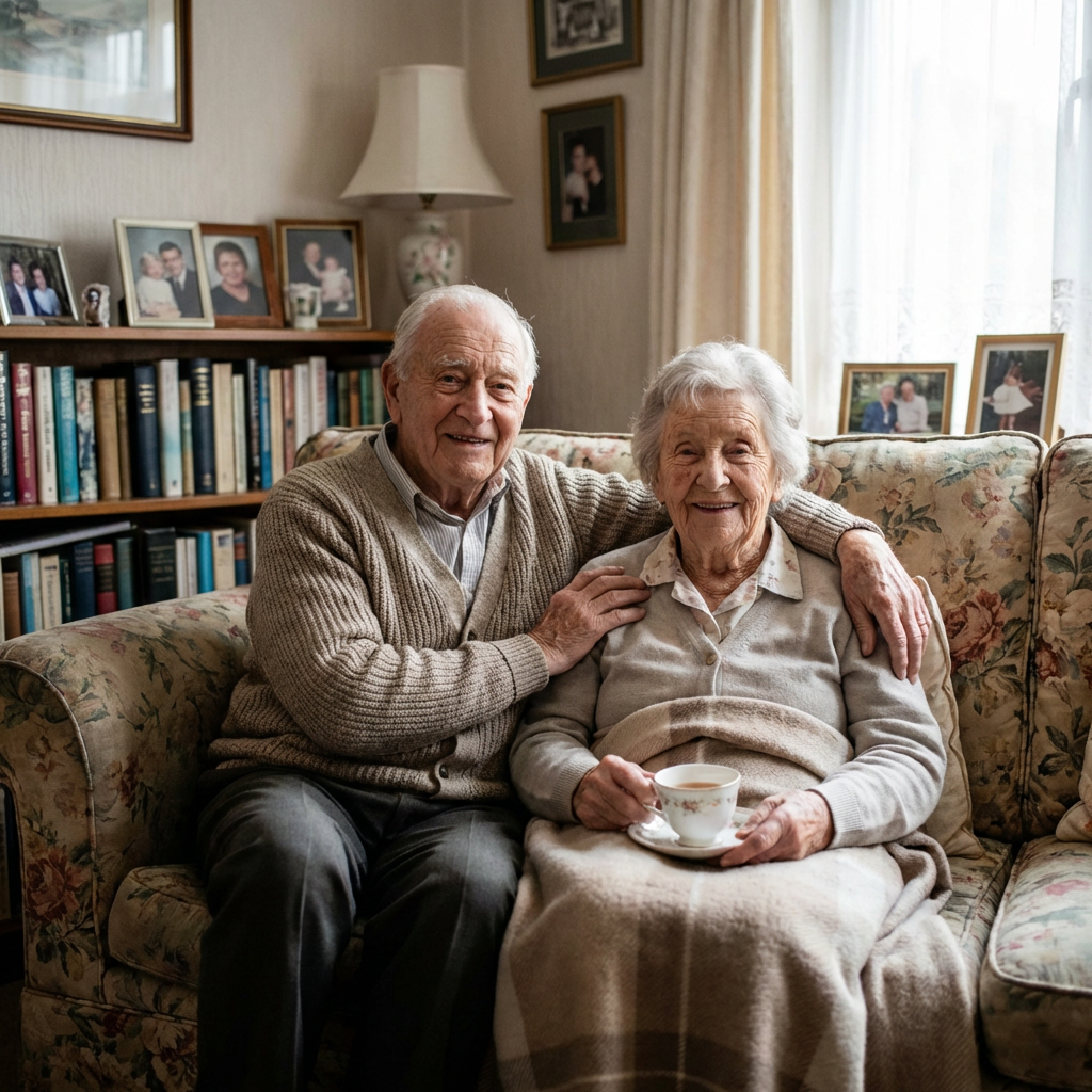 the man and woman, sitting on the couch, with his arm around her shoulder